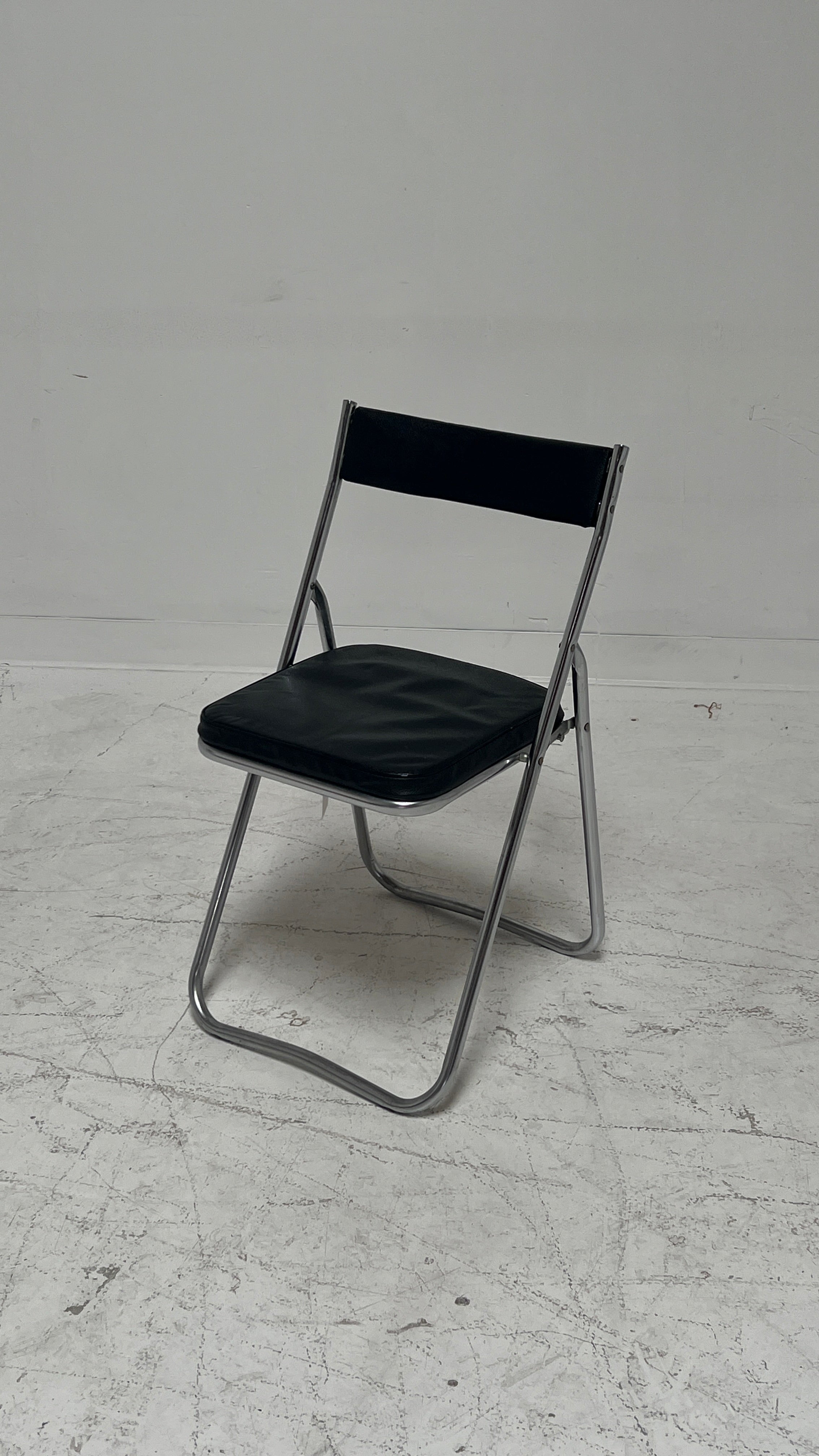 Mid Century Black Leather and Chrome Folding Chair, Made in Japan (2 AVAILABLE)