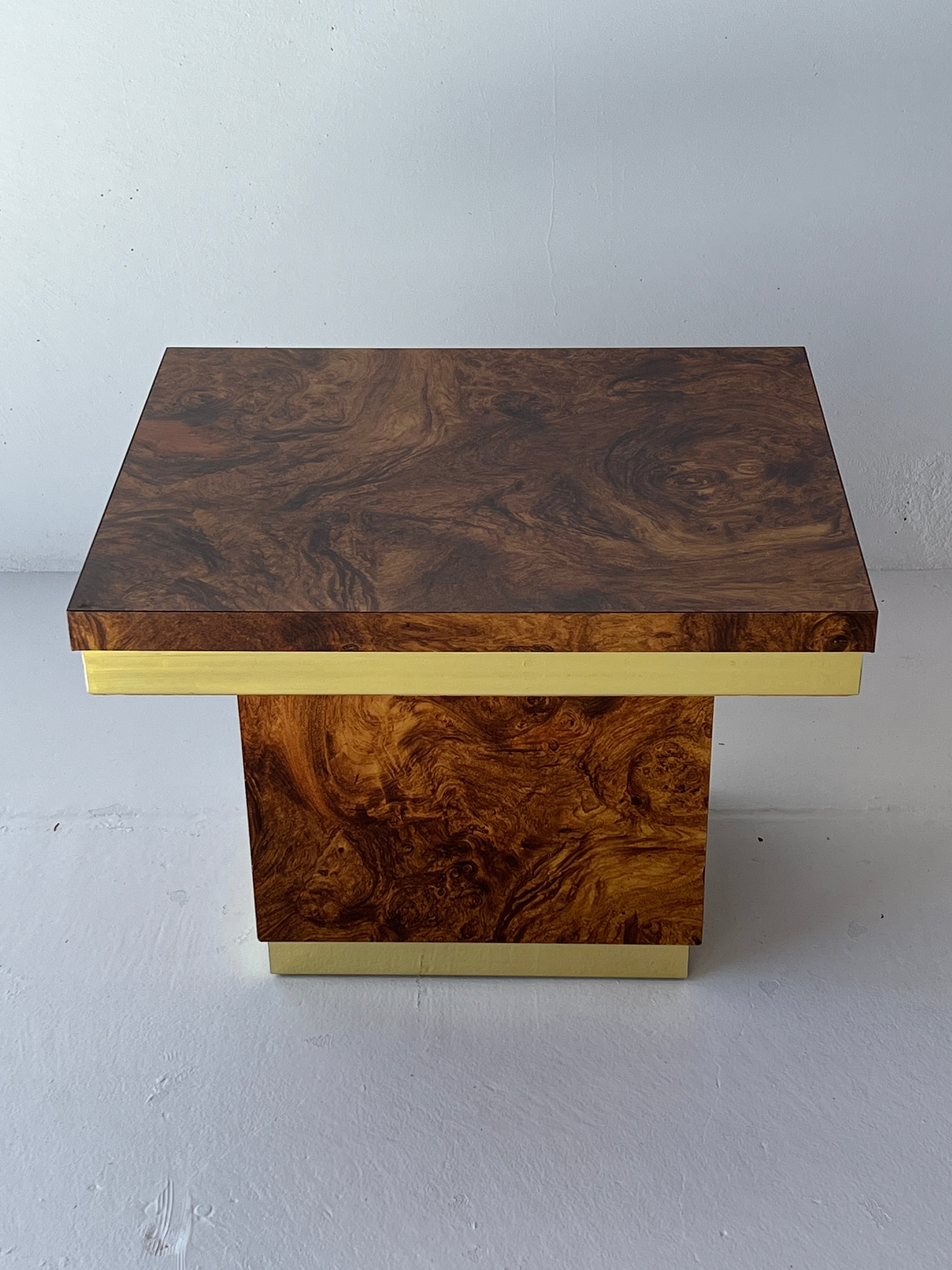 Mid Century Burl Laminate and Brass Table