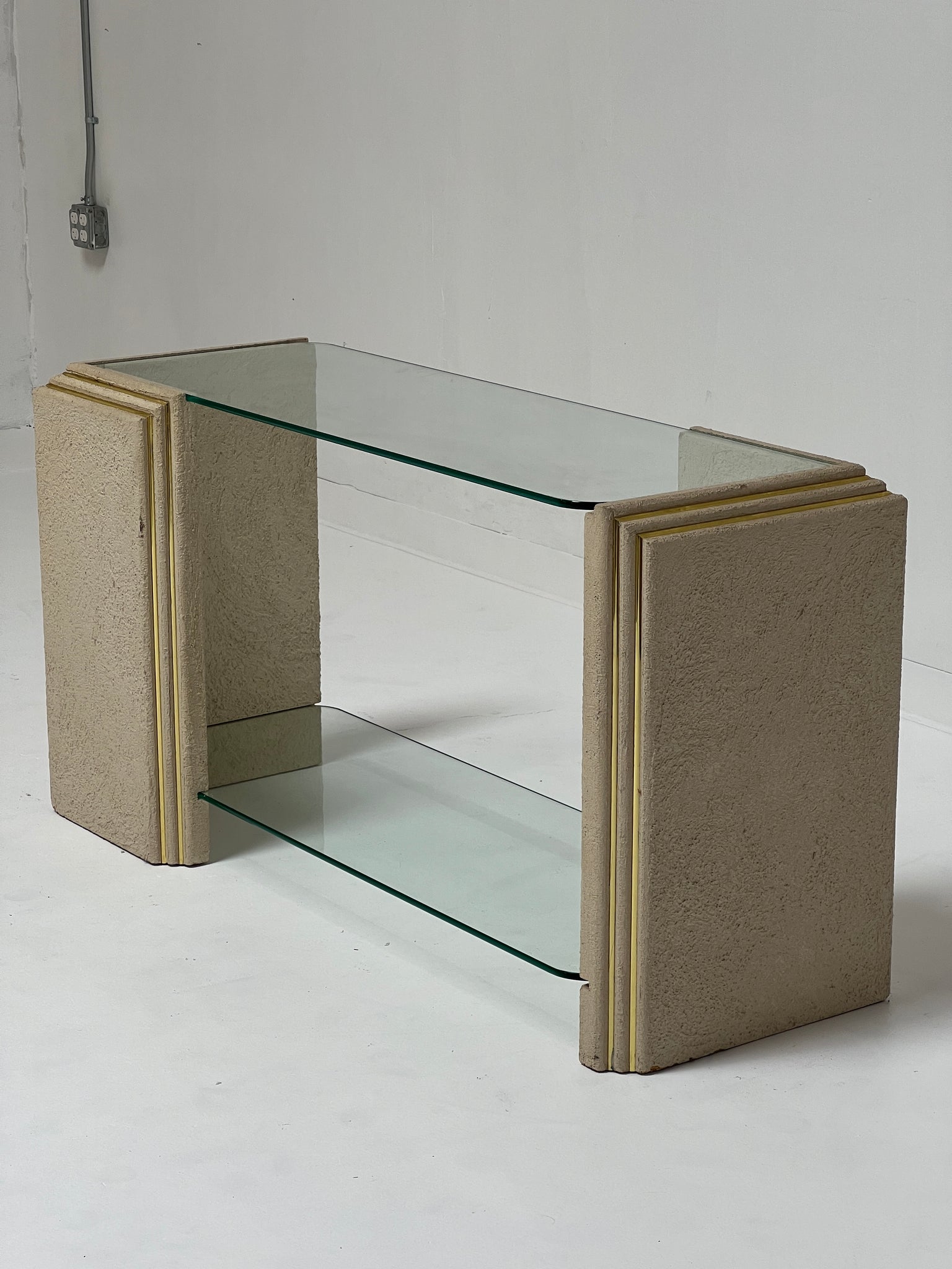 1970s Plaster and Glass Console Table with Brass Inlay