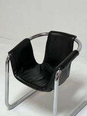 1970s Chrome Vecta Zermatt Sling Black Leather Lounge Chair