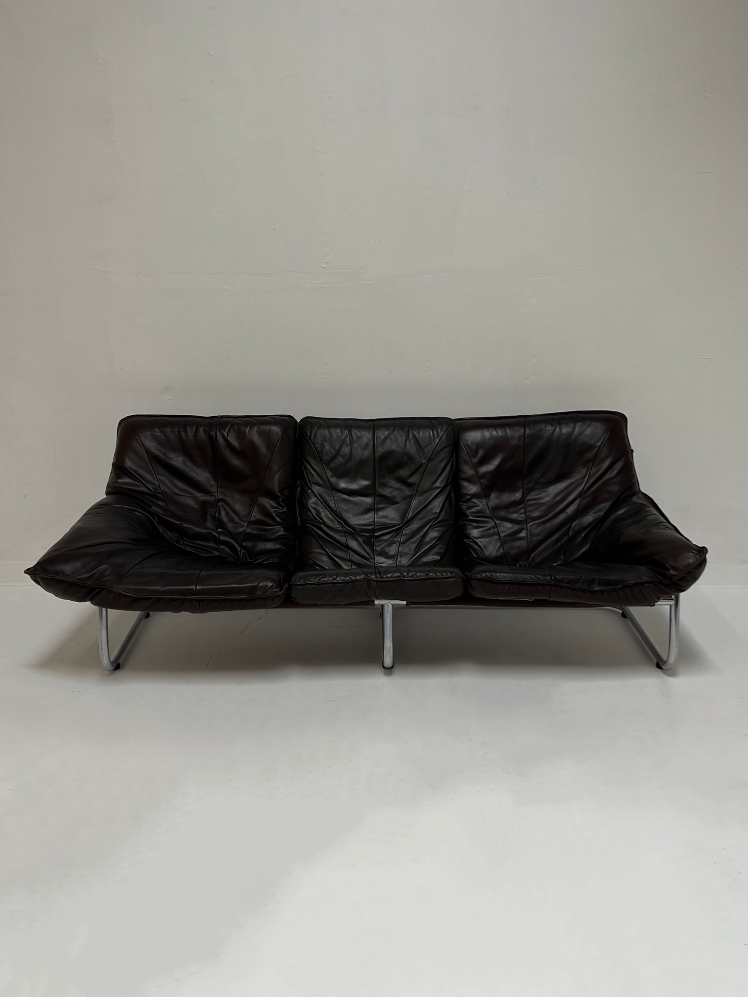 1980s Mid Century Black Leather and Chrome IKEA Sofa