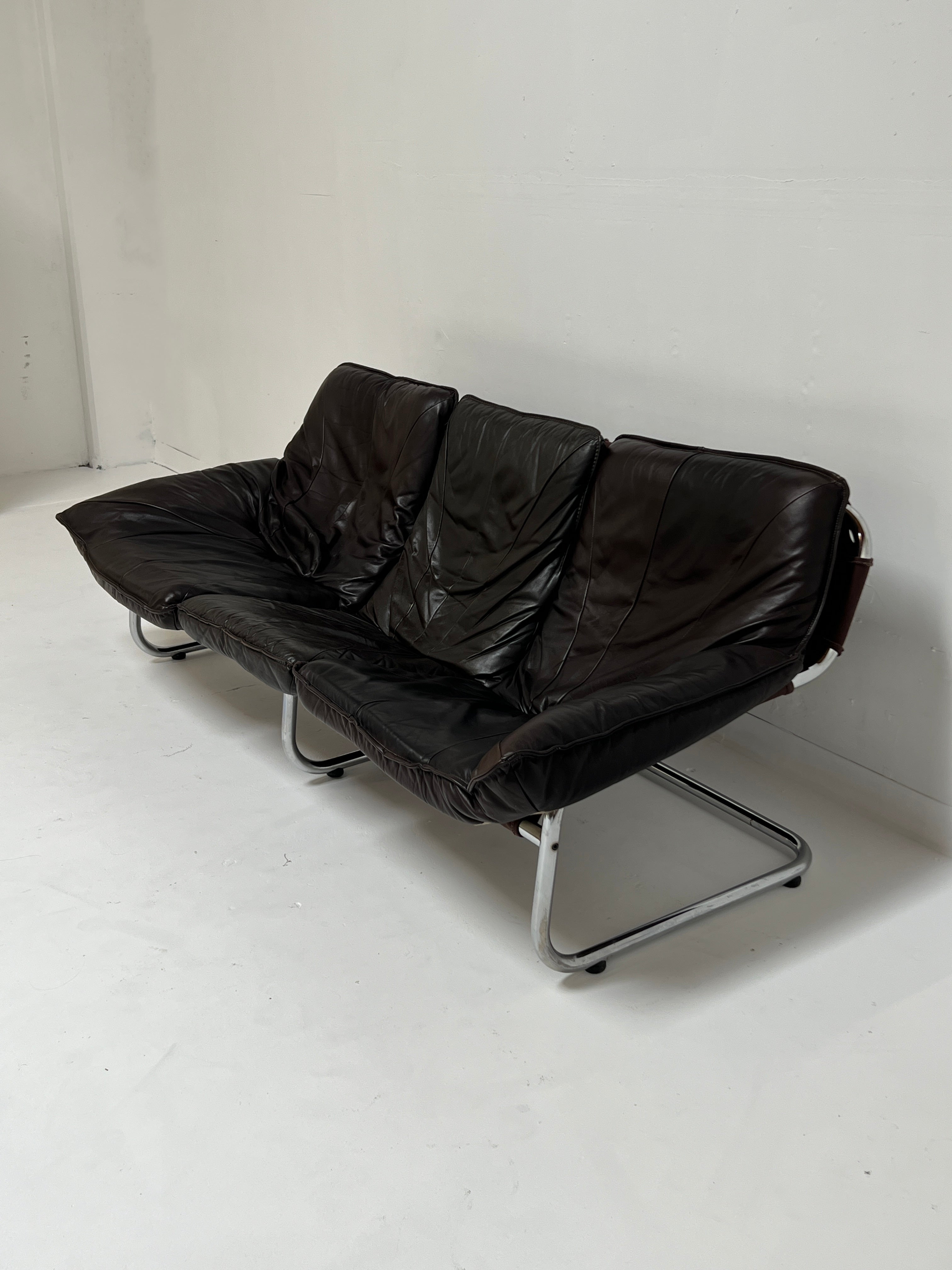 1980s Mid Century Black Leather and Chrome IKEA Sofa